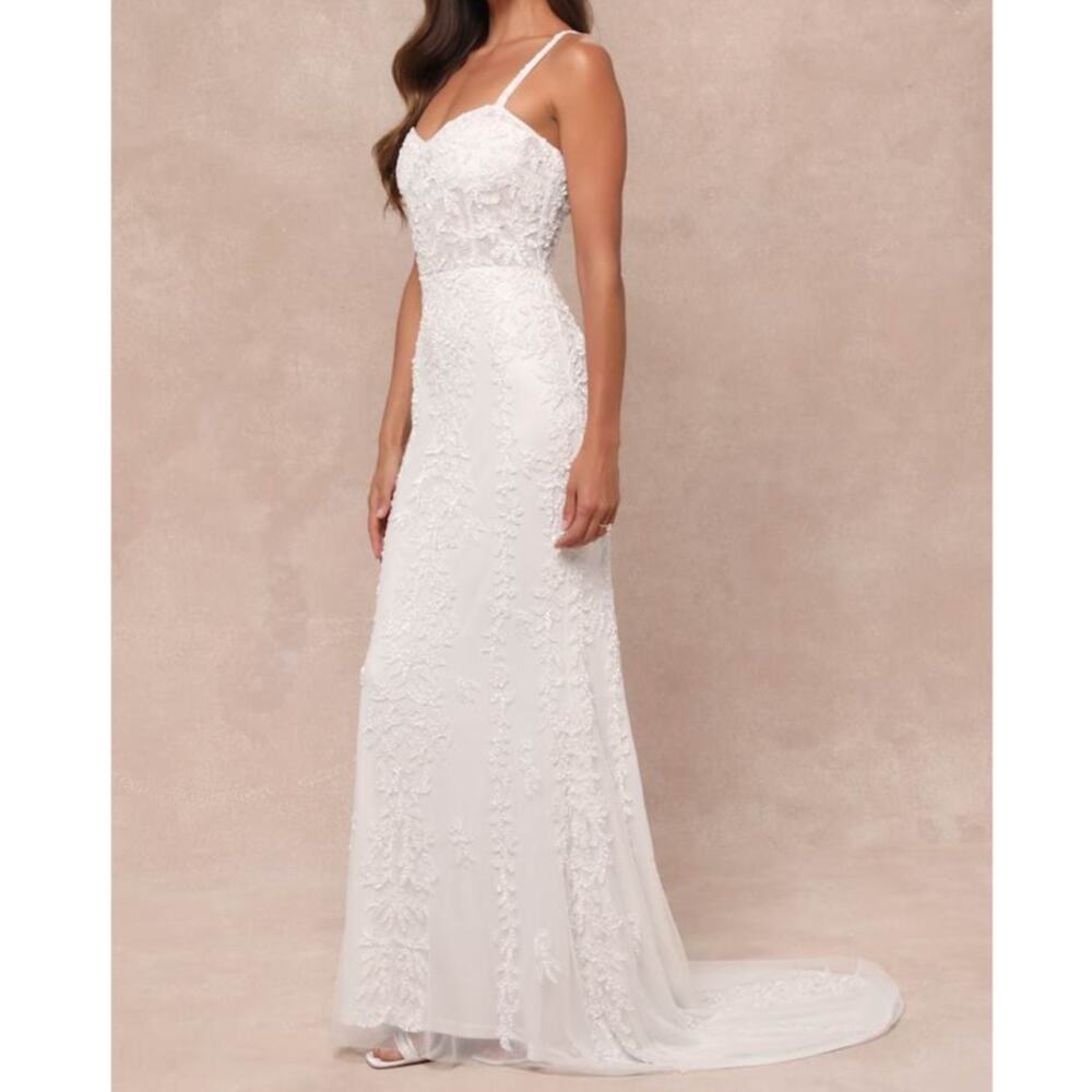 NEW Lulus Lux Bridal Momentous Love White Beaded Bustier Mesh Mermaid Maxi Dress
